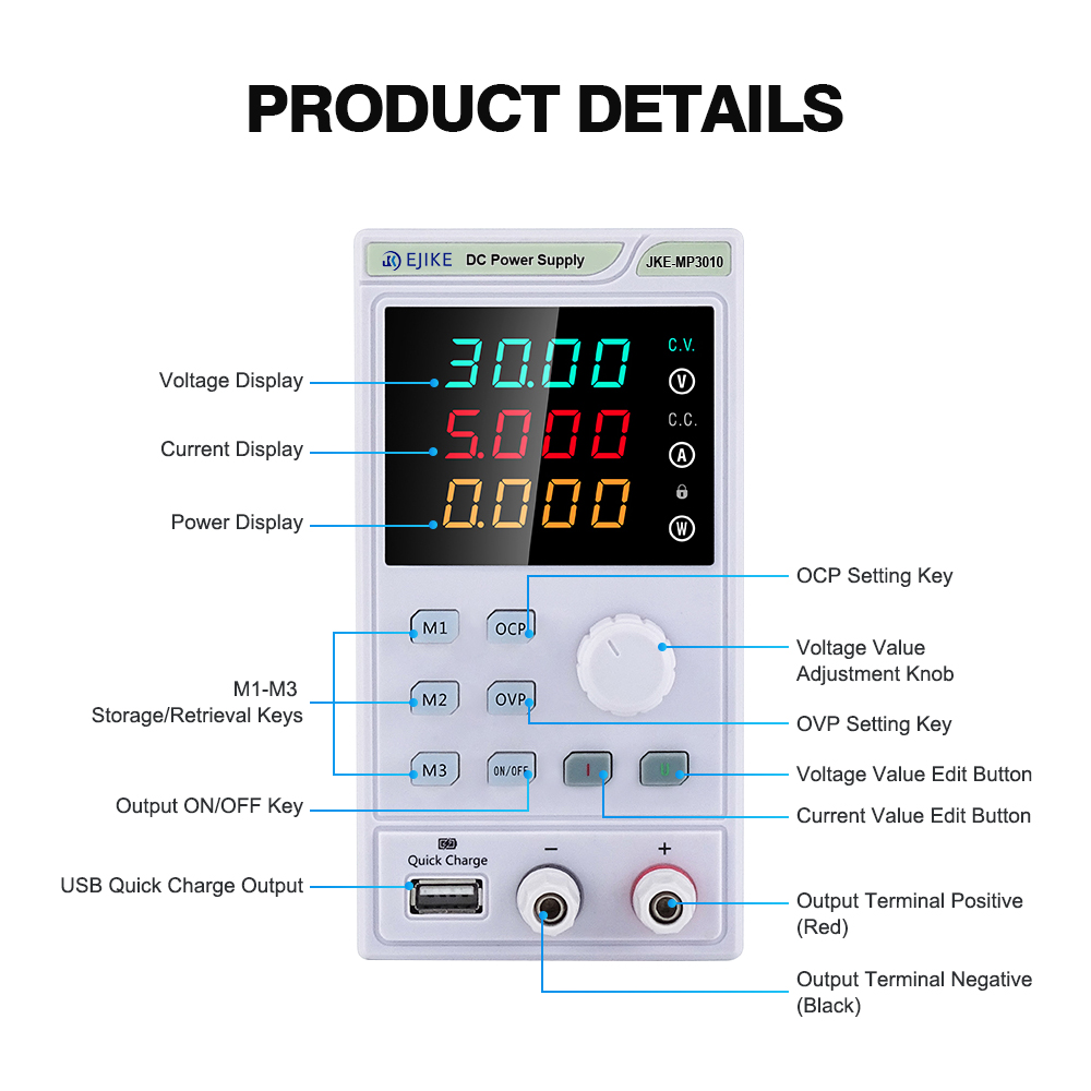 مصدر طاقة تيار مستمر EJIKE بقد - مراجعة Programmable Dc Power Supply 30V 10A وسعره